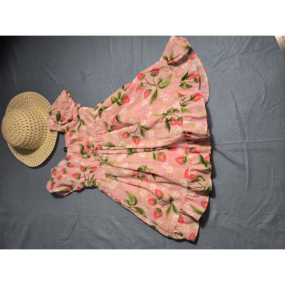 Toddler Girls Pink Strawberry Print Flutter-Sleeve Smocked Dress Sz 4 - Picture 8 of 11
